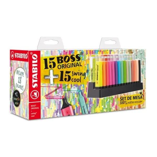 Set da scrivania Stabilo con 15 pennarelli Stabilo Boss e 15 pennarelli Swing Cool - Inchiostro a base d'acqua - Colori assortiti