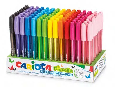 Espositore Carioca Fiorella con 120 penne a inchiostro gel colorate - Punta a sfera da 1 mm - Corpo trasparente colorato - Colori assortiti