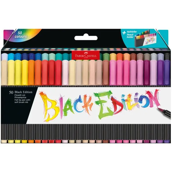 Faber-Castell Black Edition Confezione da 50 pennarelli con punta a pennello - Inchiostro a base di colorante alimentare - Colori assortiti