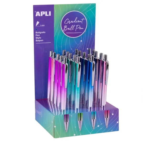 Espositore Apli Gradient con 20 penne metalliche retrattili - Punta da 1 mm - Inchiostro blu - Colori sfumati assortiti