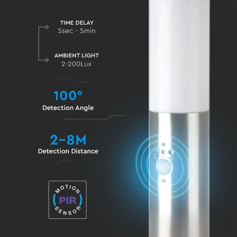 V-TAC Lampada LED da Giardino 45cm con Portalampada E27 e sensore di movimento (max 60W) in Acciaio Inossidabile IP44