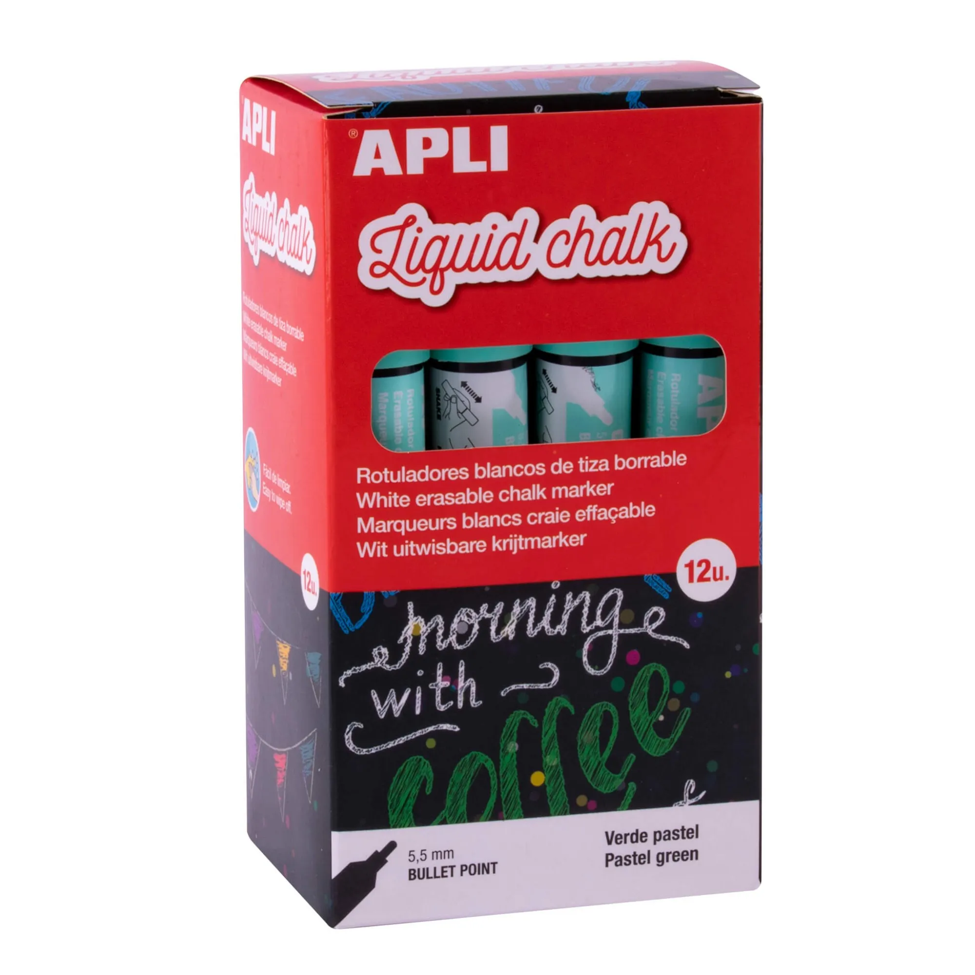 Pennarello a gesso liquido Apli verde pastello - Punta rotonda - Ideale per lavagne plastica finestre ceramica vinile metallo ecc. - Facile da cancellare - Asciugatura rapida - Facile da usare