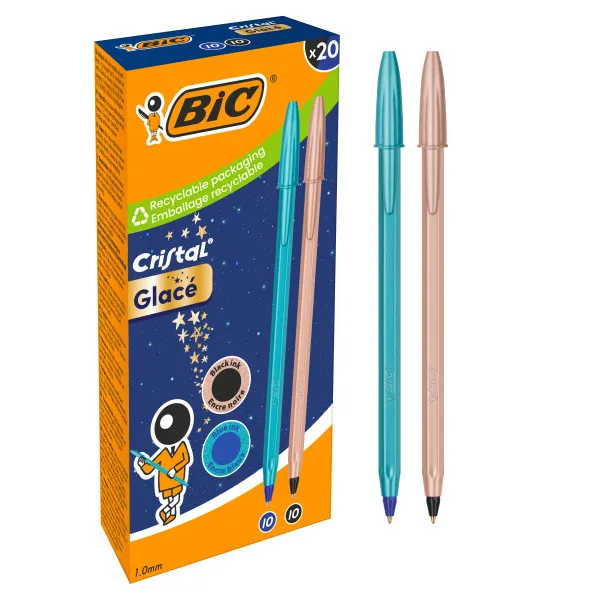 Confezione da 20 penne a sfera Bic Cristal Glace - Corpo opaco nei colori blu metallizzato opaco e rame opaco - Punta tonda da 1 mm - Tratto da 04 mm - Inchiostro a base d'olio - Colori: 10 blu 10 neri