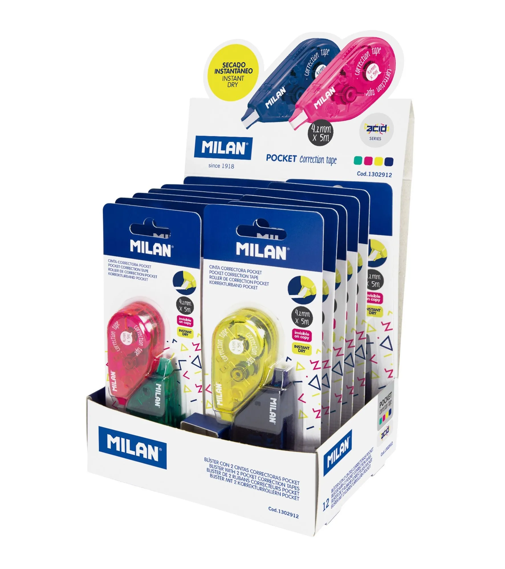 Espositore Milan Pocket Acid di 24 nastri correttivi in ??blister da 2 unità. 42 mm x 5 m - Correzione a secco - Veloce pulita e precisa - Per tutti i tipi di carta - Colori assortiti