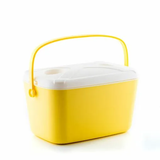 Borsa termica portatile rigida Innovagoods Lilty - Capacità 15 litri - Maniglia per il trasporto - Vassoio sul coperchio - Stile retrò - Facile da pulire - 43x25x29 cm - Giallo e bianco
