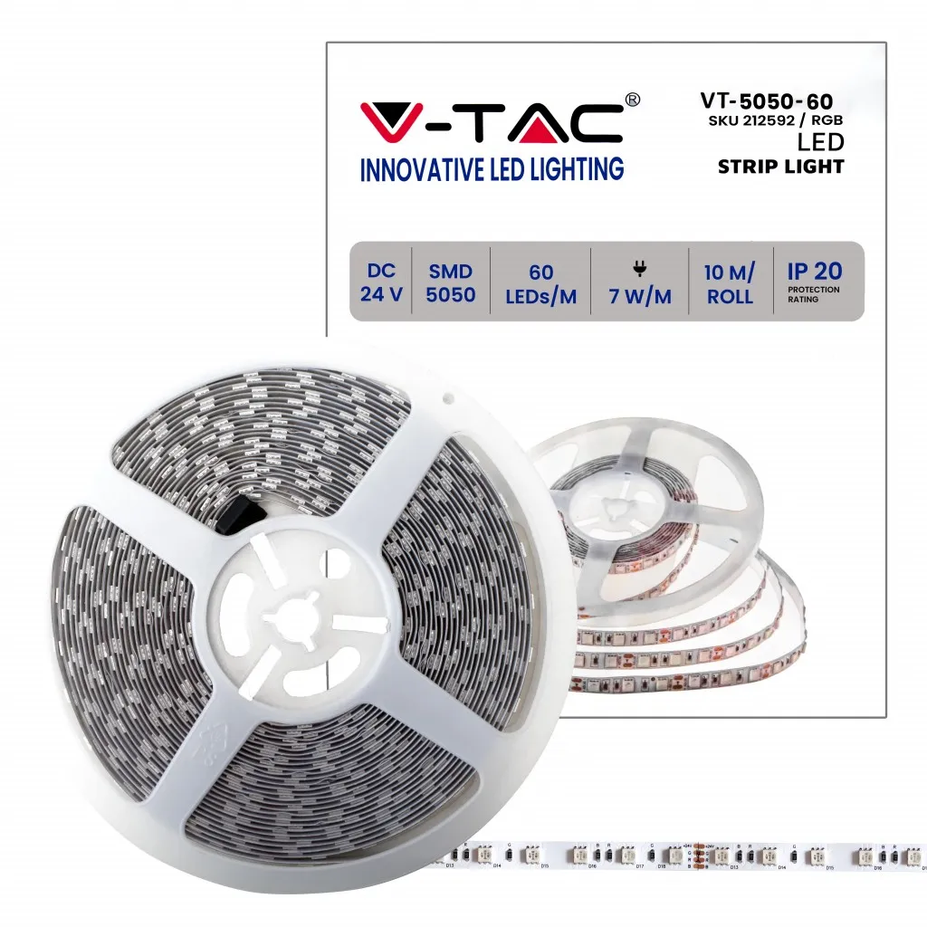 V-TAC Strip LED SMD5050 7W/m 10m 60 LED/m 24V RGB IP20 10mm