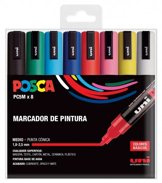 Pennarelli a vernice Posca PC-5M/8C confezione da 8 punta in poliestere da 18-25 mm inchiostro a base d'acqua resistenti alla luce non permanenti colori assortiti