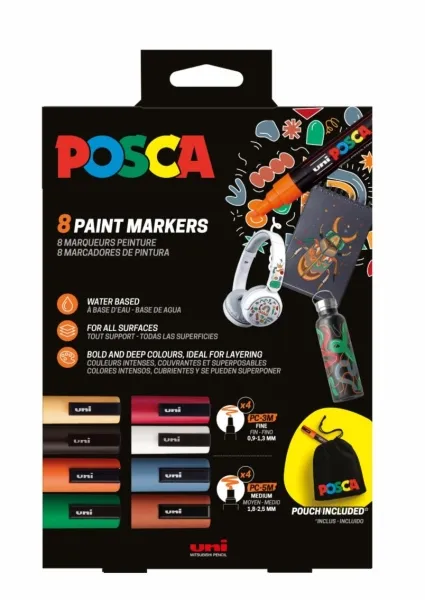 Confezione da 4 pennarelli a vernice Posca PC5M + 4 pennarelli a vernice PC3M + custodia in tessuto gratuita - Punta tonda - Inchiostro a base d'acqua - Colori assortiti
