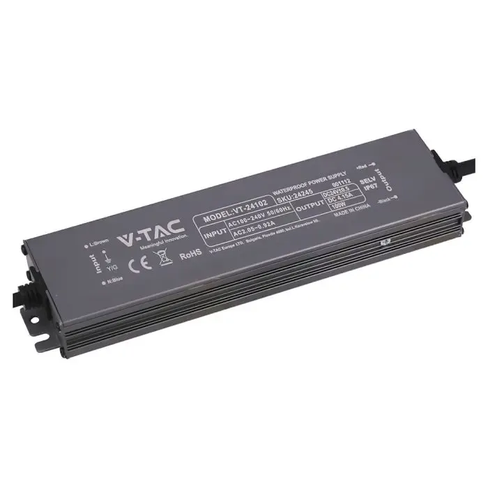 V-TAC Alimentatore LED in Metallo 100W 24V 4.15A con 1 Uscita 219x50x25mm IP67