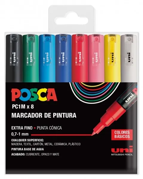 Posca PC1M Confezione da 8 pennarelli a vernice - Punta conica da 07 mm - Inchiostro a base d'acqua - Non permanente - Resistente alla luce - Inodore - Ideale per segnaletica e decorazione - Colori assortiti