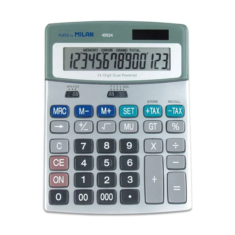 Calcolatrici Milano a 14 cifre - 3 tasti di memoria - Funzione tasse - Calcolo del margine - Grigio