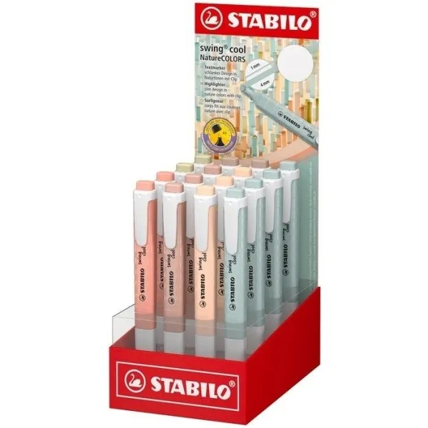 Espositore Stabilo Swing Cool Naturecolors con 16 pennarelli fluorescenti - corpo piatto - punta a scalpello - tratto tra 1 e 4 mm - inchiostro a base d'acqua - anti-secchezza - colori assortiti