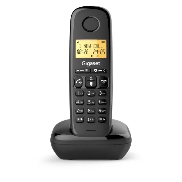 Telefono cordless Gigaset Basic 100 DECT con identificativo del chiamante blocco chiamate display retroilluminato colore nero.