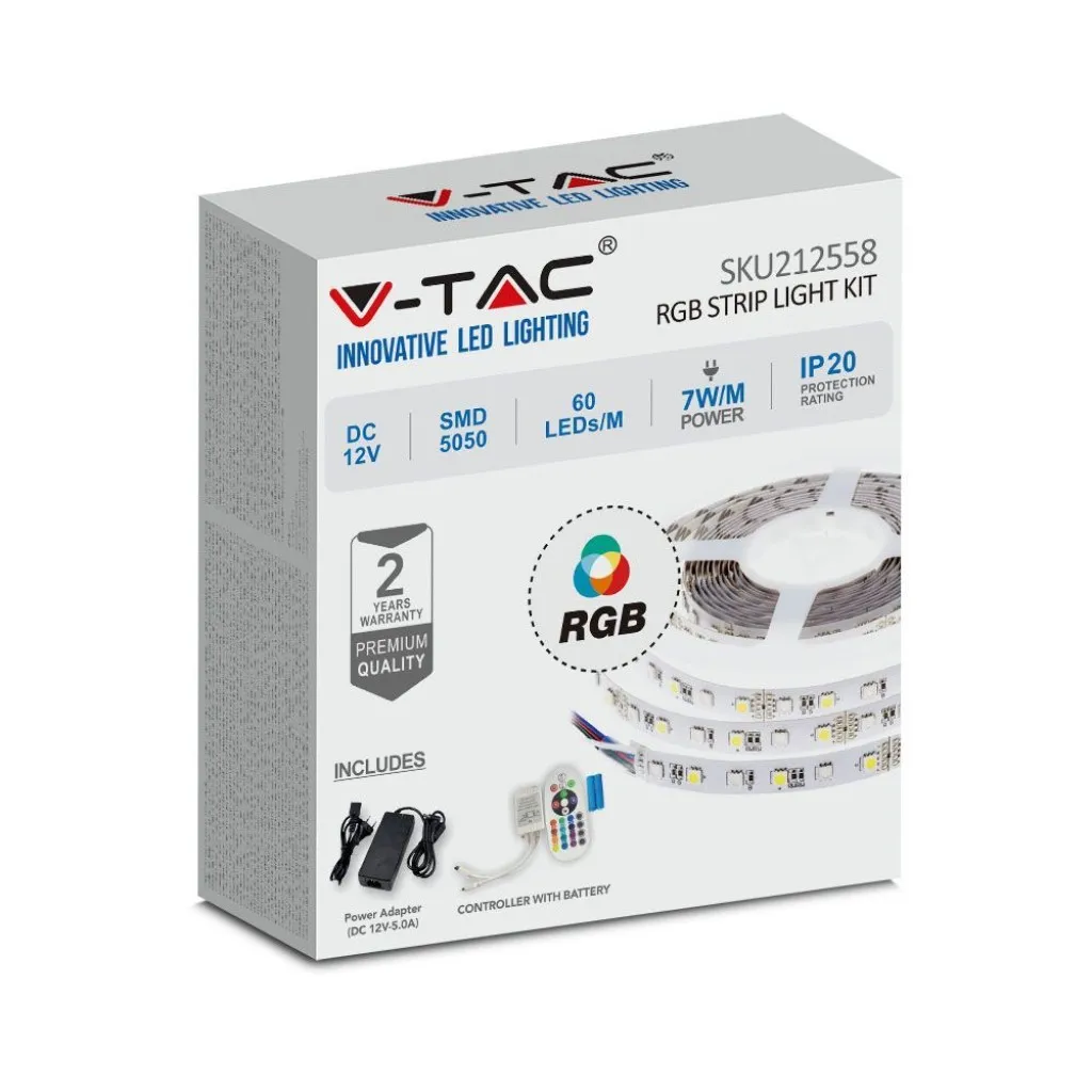 V-TAC Kit per Strip LED SMD5050 10W/m Bobina 5m 60 LED/m con Telecomando e Alimentatore RGB Dimmerabile IP20