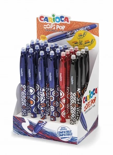 Espositore Carioca Oops da 24 penne cancellabili - sensibili al calore - impugnatura testurizzata - punta Ø 07 mm - doppia gomma - ricariche compatibili - vari colori