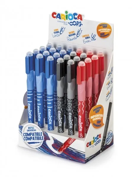Carioca Oops Expositor de 24 Boligrafos Borrables - Tinta Termo Sensible - Empu?adura Ergonomica Triangular - Punta de ? 0.7mm - Doble Goma - Recambios Compatibles - Colores Surtidos
