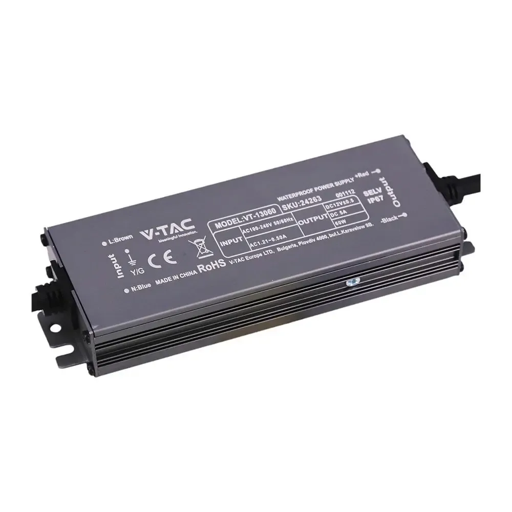 V-TAC Alimentatore LED in Metallo 60W 12V 5A con 1 Uscita 159x50x25mm IP67