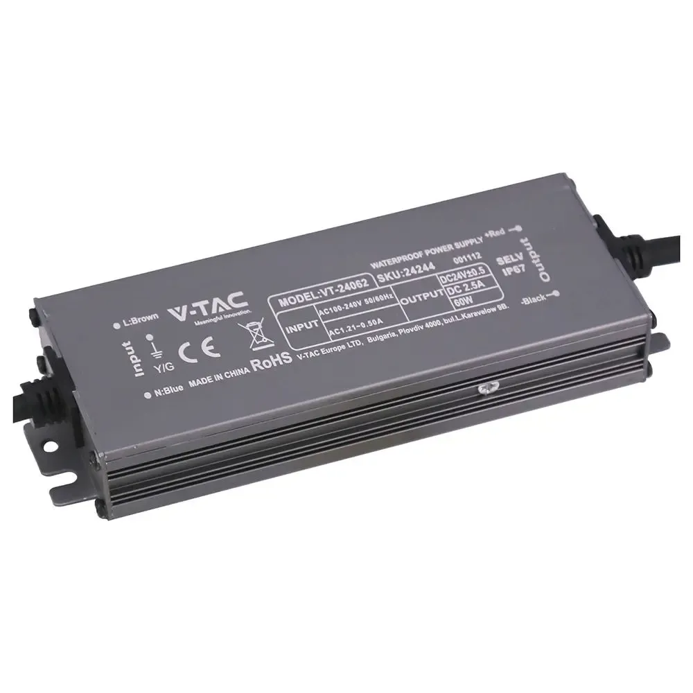 V-TAC Alimentatore LED in Metallo 60W 24V 2.5A con 1 Uscita 159x50x25 IP67