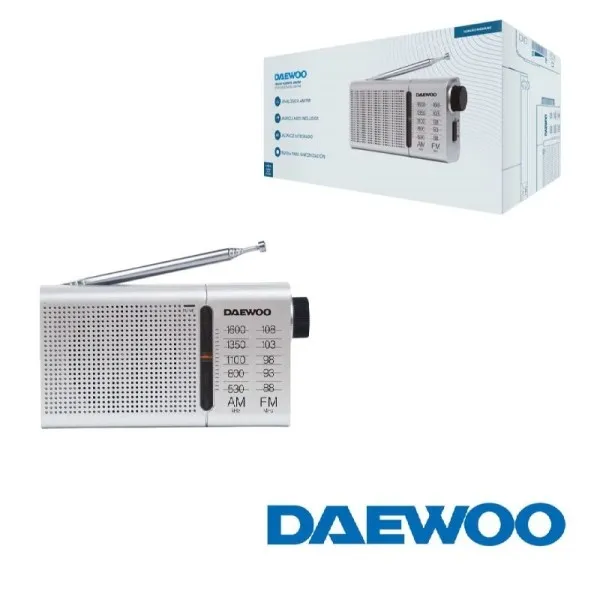 Radio analogica portatile AM/FM Daewoo DW1037 - Antenna telescopica - Altoparlante integrato - Cuffie incluse - Uscita jack da 35 mm - Funzionamento a batterie (2xAA) - Manopola di sintonia precisa - Colore blu argento