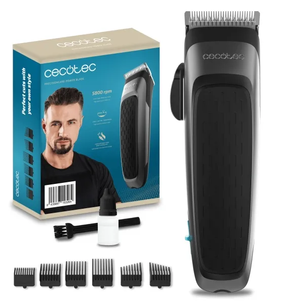Tagliacapelli Cecotec PrecisionCare Power Blade - Leva di regolazione - Velocità 5800 giri/min - Ergonomico - Lame in acciaio inossidabile - Pettini assortiti - Accessori inclusi - Grigio scuro