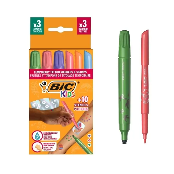 Confezione di tatuaggi temporanei Bic Kids 3 timbri + 3 pennarelli + 10 stencil - Inchiostro dermatologicamente testato e senza profumo - Colori assortiti