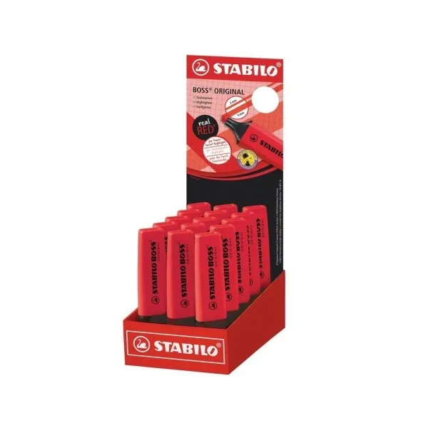 Stabilo Boss 70 espositore con 15 pennarelli fluorescenti - Tratto da 2 a 5 mm - Ricaricabili - Inchiostro a base d'acqua - Colore rosso reale