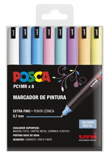 Posca PC1MR Confezione da 8 pennarelli a vernice - Punta a rullo in fibra da 07 mm - Inchiostro pigmentato a base d'acqua - Resistente alla luce - Colori pastello assortiti