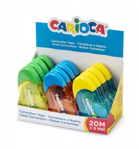 Espositore di 12 rotoli di nastro correttore Carioca - 20 m x 5 mm - Copertura completa - Riscrivibile immediatamente - Ideale per qualsiasi tipo di carta - Colori assortiti