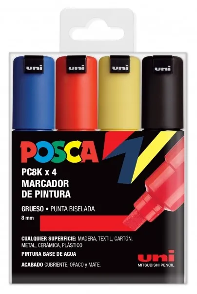 Pennarelli a vernice Posca PC-8K confezione da 4 - Punta a scalpello in acrilico da 8 mm - Inchiostro a base d'acqua - Non permanenti - Resistenti alla luce - Inodori - Ideali per segnaletica e decorazione - Colori assortiti