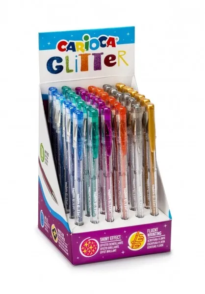 Carioca Glitter Gel Expositor de 36 Boligrafos - Punta ? 1mm - Tinta Gel Glitter - para Superficies Oscuras - Escritura Brillante y Colorida - Color Varios