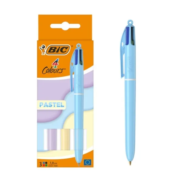 Bic 4 Colours Pastel Confezione da 3 penne a sfera a scatto - Punta media da 10 mm - Inchiostro a base di olio - Corpo pastello - 4 colori