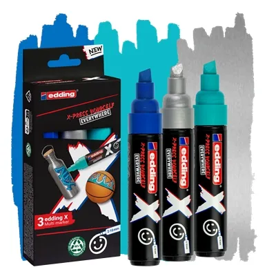 Edding X 6900 Oceano Confezione da 3 pennarelli permanenti multisuperficie con inchiostro opaco - Punta a scalpello con tratto da 2 a 10 mm - Blu argento e turchese