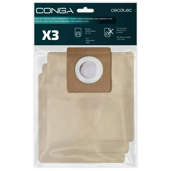 Confezione da 3 sacchetti di ricambio Cecotec per Conga Powerbag 2500 - Elevata capacità di filtrazione - Facili da installare - Materiale resistente - Mantiene un'aspirazione efficiente - Marrone