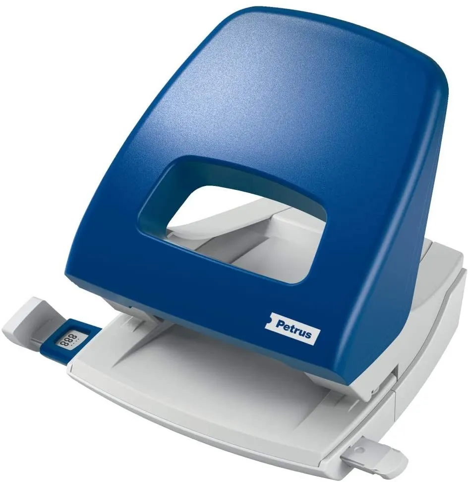 Perforatrice Petrus 85 - Fino a 25 fogli - Segni di formato - Svuotamento facile - Punzoni da 55 mm - Colore blu