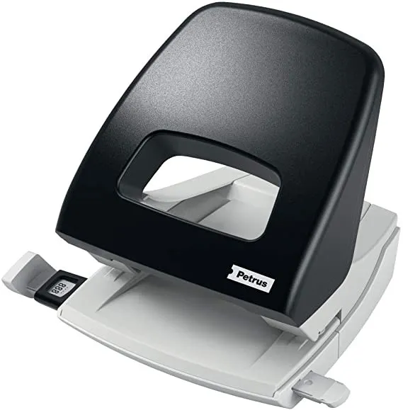 Perforatrice Petrus 85 - Fino a 25 fogli - Segni di formato - Svuotamento facile - Punzoni da 55 mm - Colore nero