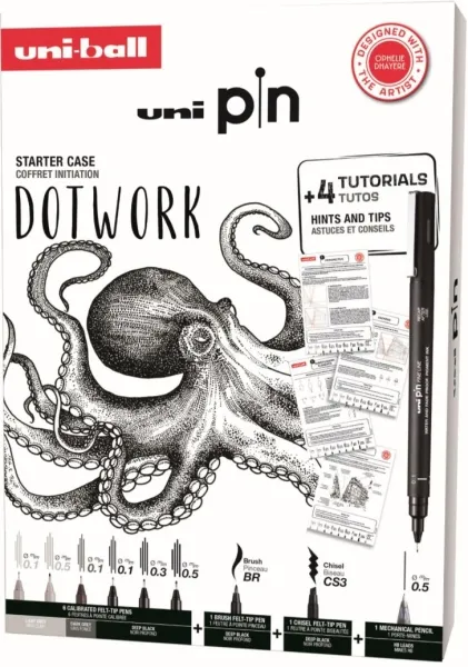 Uni-ball Uni Pin Dotwork Pack di 8 penne fineliner 0.1 0.3 0.5 pennello e CS3 + 1 matita meccanica Shalaku S + 4 tutorial + suggerimenti consigli ed esercizi pratici dell'artista Ophelie Dhayere - Inchiostro pigmentato resistente all'acqua e alla luce - Co