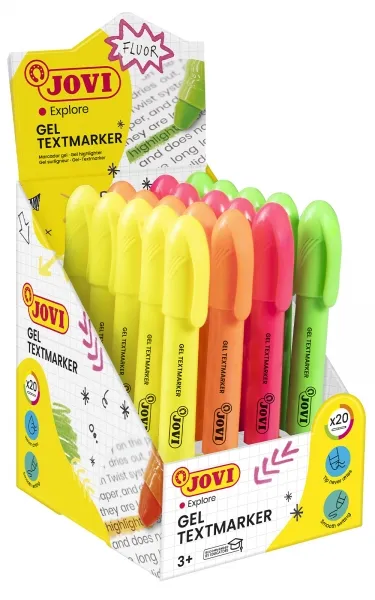 Espositore Jovi Gel Textmarker con 20 pennarelli - Colori fluorescenti - Non necessita di punta - Scorrimento fluido - Non sbava - Asciugatura rapida - Resistente alla luce nera - Colori assortiti