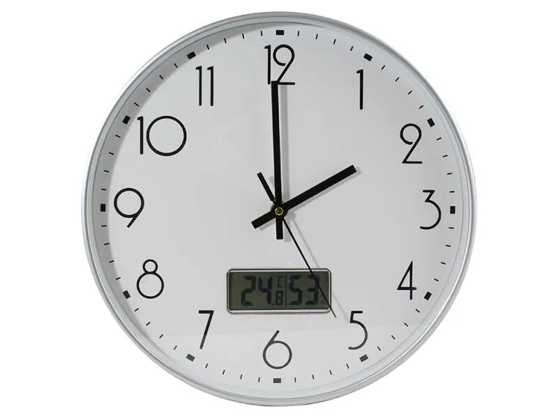 Orologio da ufficio bianco Bismark con digitale - Numeri neri - Vetro esterno - Lancette in alluminio - Indicatore digitale di temperatura e umidità - Colore bianco