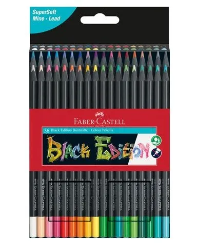 Faber-Castell Black Edition Confezione da 36 Matite Colorate - Mina Super Morbida - Legno Nero - Ideale per Disegnare su Carta Chiara Scura e Colorata - Colori Assortiti