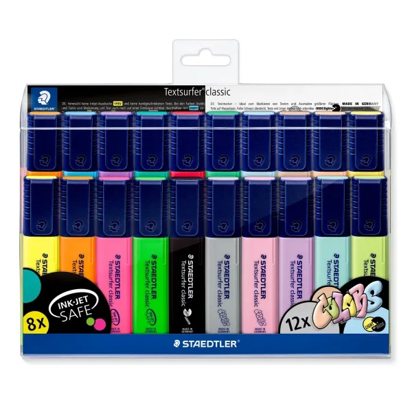 Staedtler Textsurfer Classic 364 Confezione da 20 pennarelli fluorescenti - Punta a scalpello da 1 a 5 mm circa - Asciugatura rapida - Colori assortiti