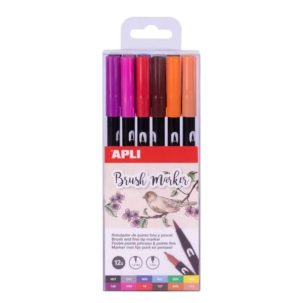 Apli Brush Marker Confezione da 12 pennarelli acquerellabili a doppia punta - Punta a pennello da 1-4 mm e punta rotonda da 1 mm - Inchiostro a base d'acqua inodore e atossico - Colori assortiti
