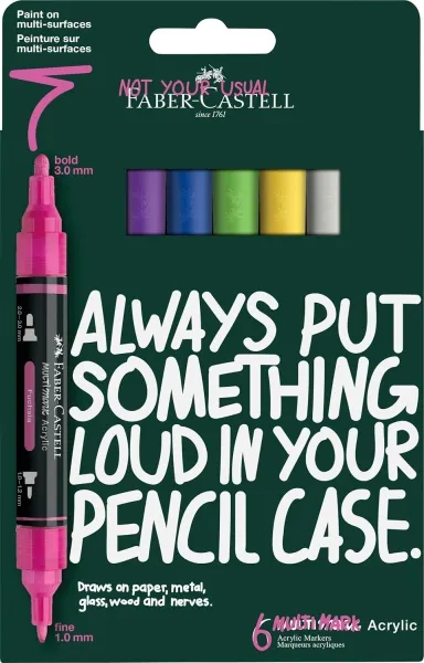 Set di 6 pennarelli acrilici Faber-Castell Multimark a doppia punta - punte rotonde da 1 mm e 3 mm - inchiostro acrilico a base d'acqua - colori vivaci assortiti.