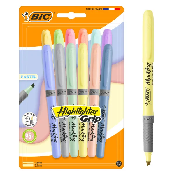 Set di 12 evidenziatori Bic Highlighter Grip Pastel con punta a scalpello spessore del tratto tra 160 e 330 mm impugnatura testurizzata e colori assortiti.