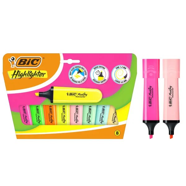 Evidenziatore Bic Marking Flat confezione da 8 pennarelli fluorescenti - Punta a scalpello - Tratto tra 120 e 460 mm - Inchiostro a base d'acqua - Colori assortiti neon e pastello