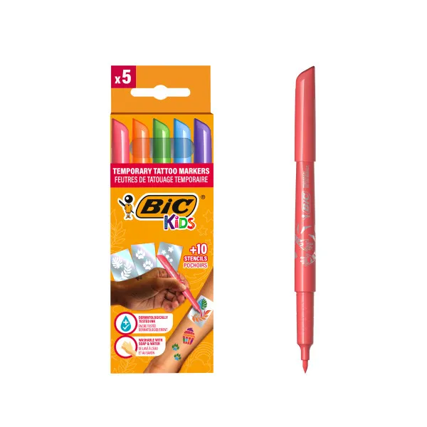 Bic Kids Tattoos Confezione da 5 pennarelli + 10 stencil per tatuaggi temporanei - Inchiostro dermatologicamente testato e senza profumo - Colori assortiti