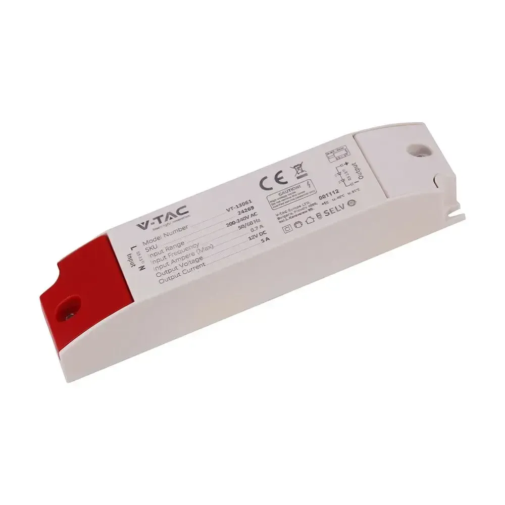 V-TAC Alimentatore in Plastica 60W 12V 5A con 1 Uscita Bianco 220x41x30mm IP44