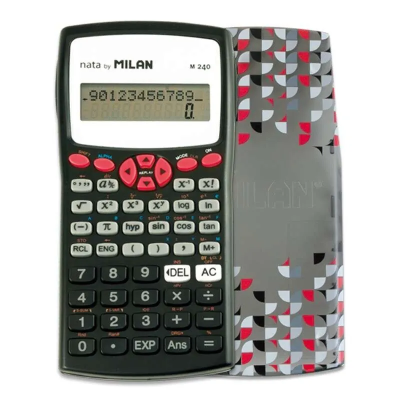 Calcolatrice scientifica Milan M240 10+2 cifre - Display a 2 righe - 240 funzioni integrate incluse 124 funzioni scientifiche - Custodia protettiva stampata - Nero/Bianco/Rosso/Grigio