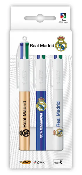 Confezione Bic Real Madrid CF a 4 colori con 3 penne a sfera retrattili - 3 design diversi - Punta media da 10 mm
