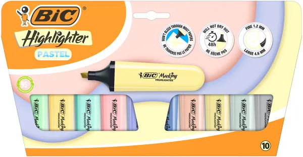 Evidenziatori Bic Flat Pastel confezione da 10 pennarelli fluorescenti - Punta a scalpello - Tratto da 120 a 460 mm - Inchiostro a base d'acqua - 4 colori pastello e 6 colori pastello minerali