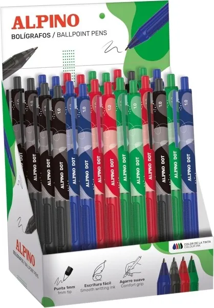 Espositore Alpino Dot con 24 penne retrattili - Punta da 1 mm - Impugnatura morbida - Colori assortiti